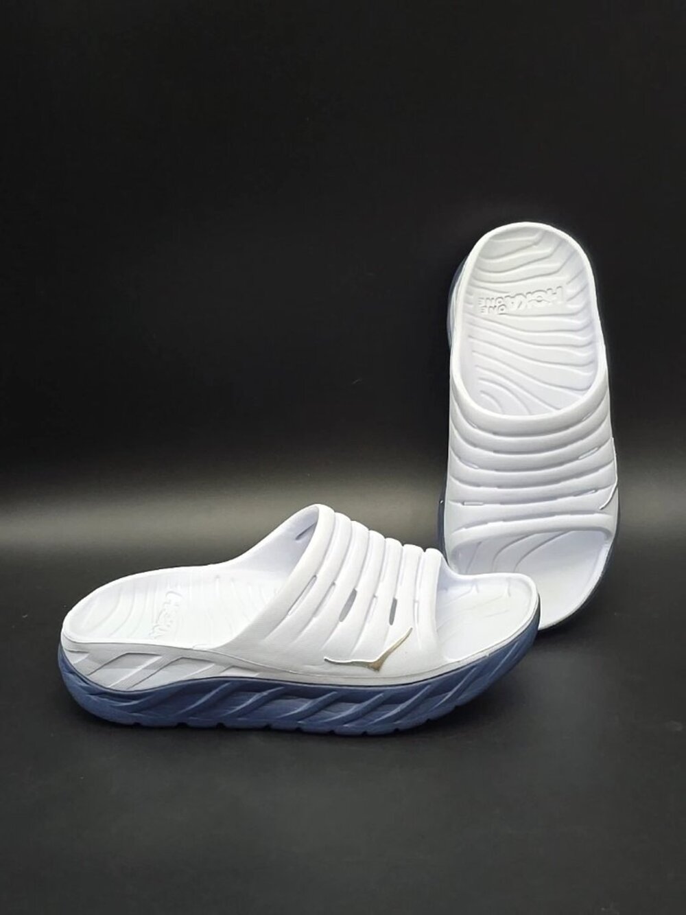 Hoka One One White and Blue Slide Sandals